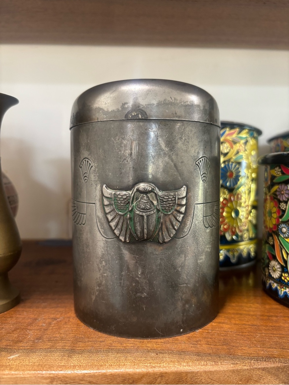Antique 1920s Egyptian Revival Art Deco Scarab Metal Tobacco Humidor Canister